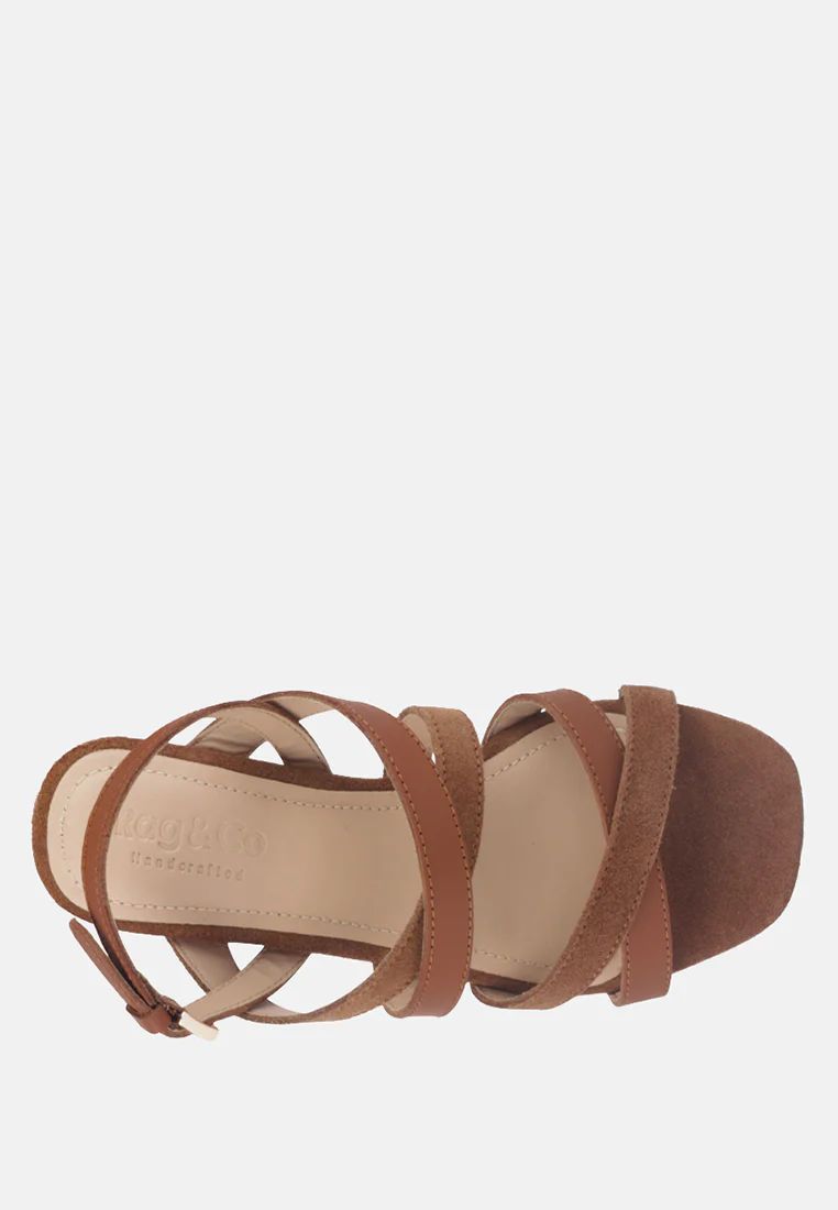 ASTRID Tan Mid Heeled Block Leather Sandal - Image 6