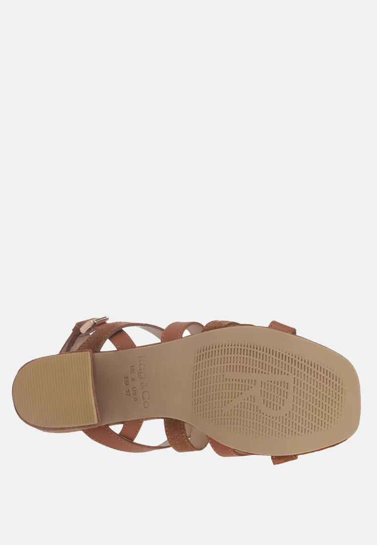 ASTRID Tan Mid Heeled Block Leather Sandal - Image 7