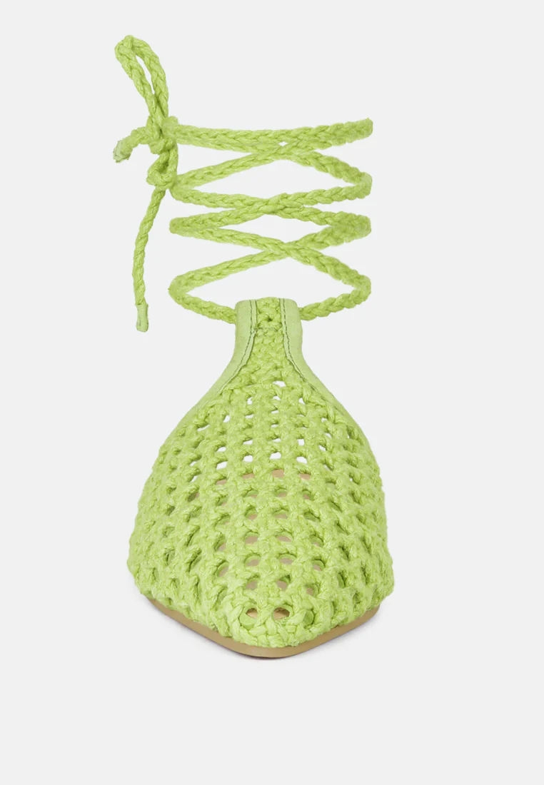 TUTSI Green Handwoven Honeycomb Tie Up Flat Mules - Image 3