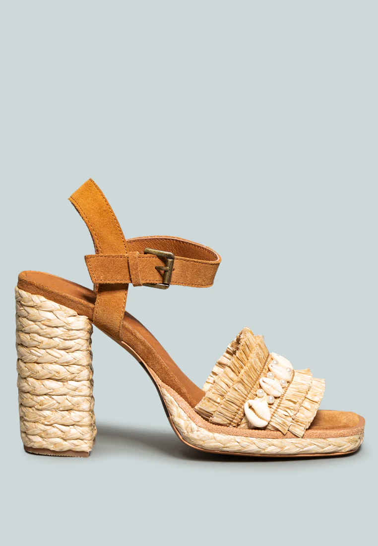 WILLIS Tan Cowrie Raffia Handmade Block Sandal - Image 2