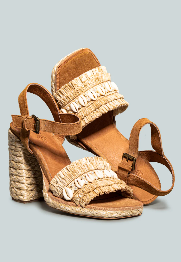 WILLIS Tan Cowrie Raffia Handmade Block Sandal - Image 5