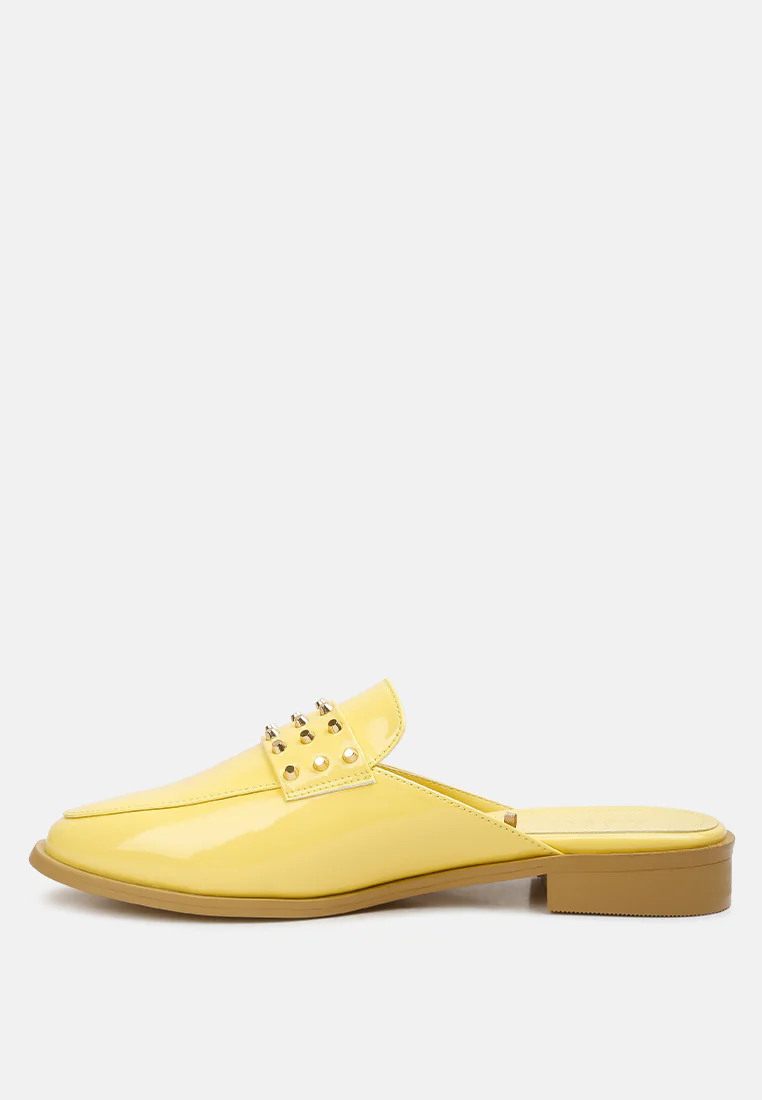 YASHTA Yellow Patent Studded Flat Mules - Image 3