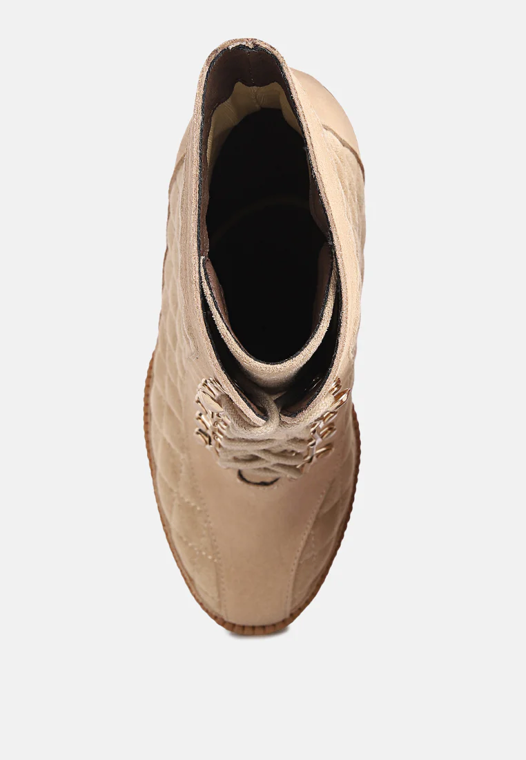 YOKO Beige Fine Suede Quilted Ankle Boots - Image 6